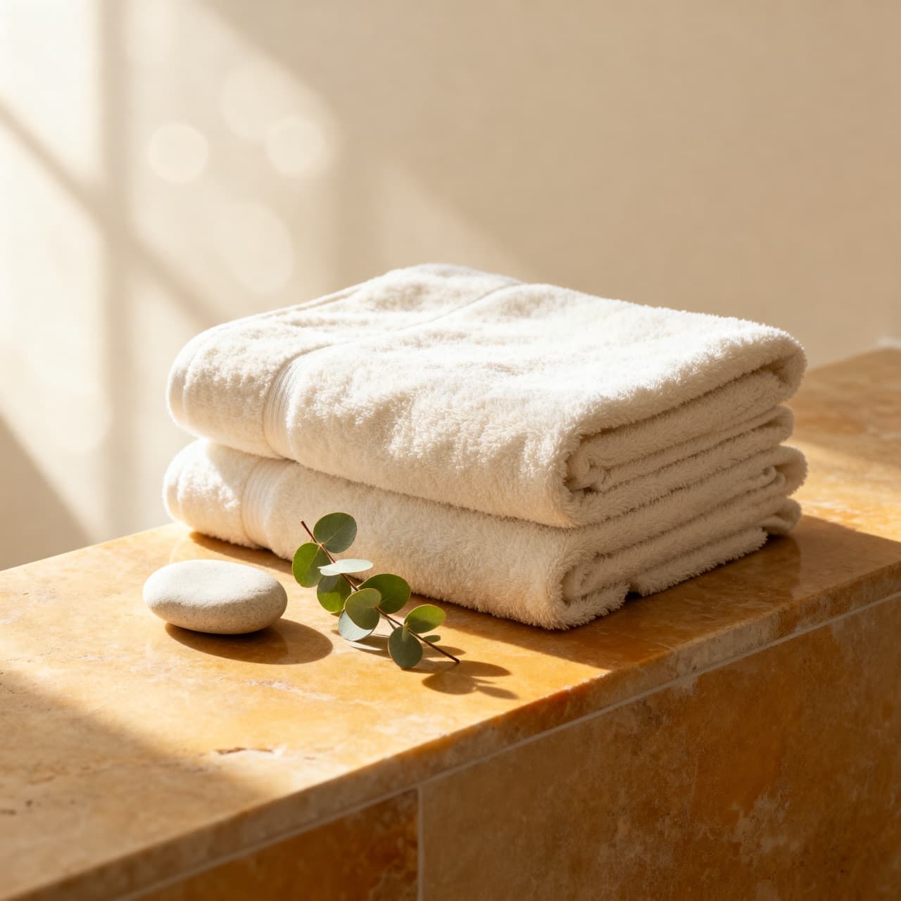Folded towels on warm travertine
